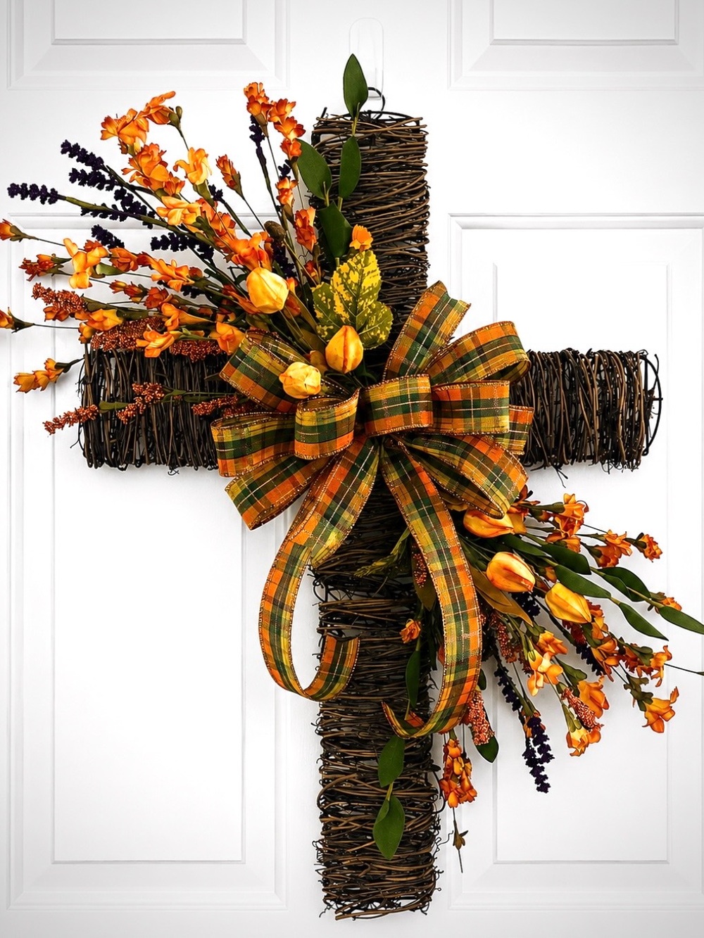 Autumn Fall Grapevine Cross Door Wreath Hanger decor memorial piece
